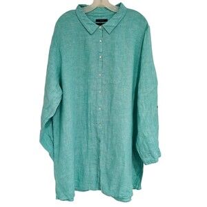 Tahari Woman 3X 100% Linen Button Down Shirt Tunic Top Lagenlook Long Blouse